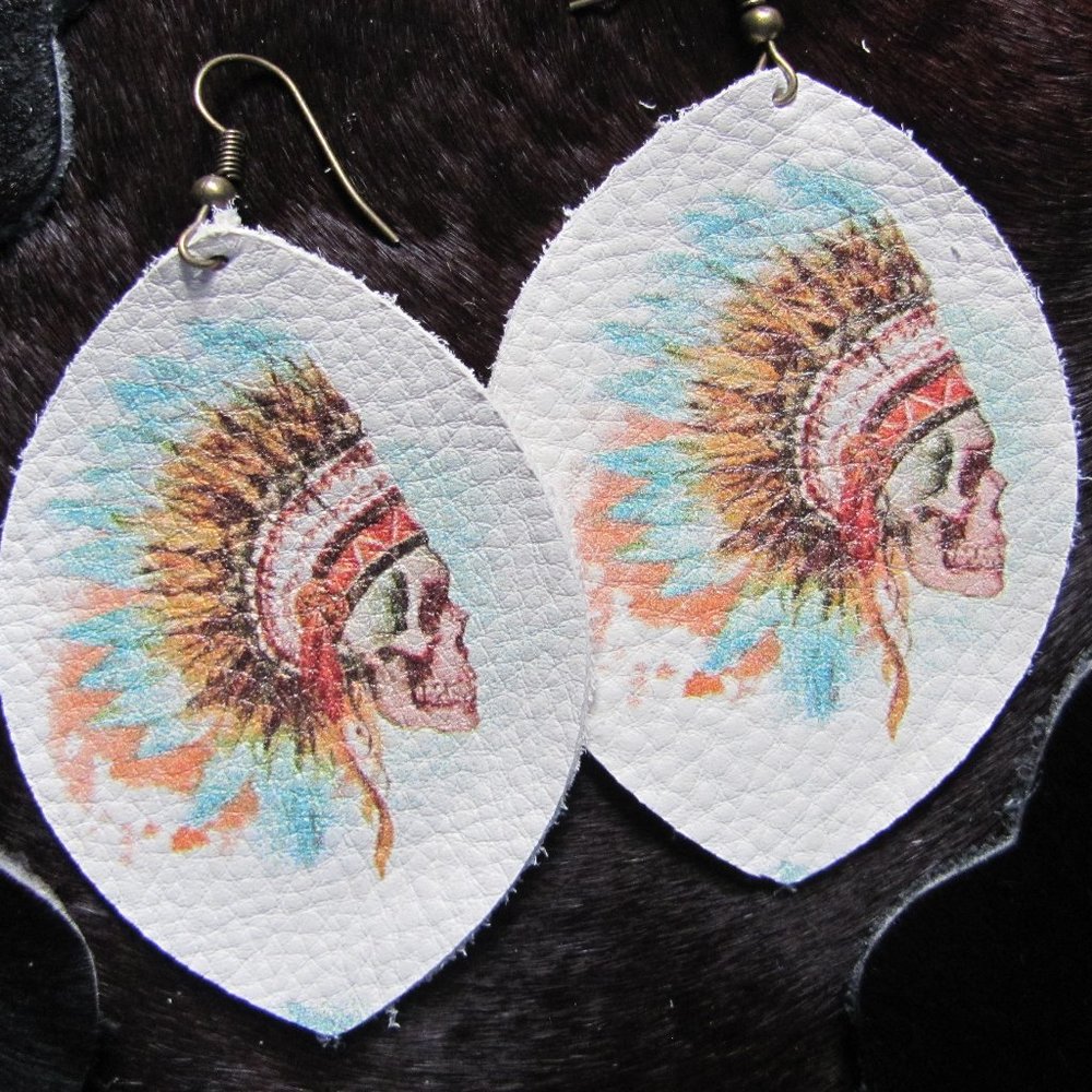 GENUINE LEATHER INDIAN SKULL  PRINT EARRINGS